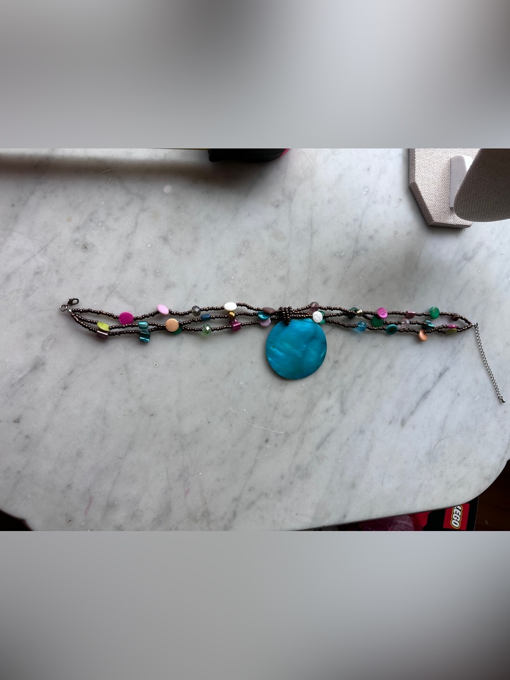 Turquoise Shell Pendant Multi-Strand Copper & Shell Beaded Necklace - Picture 3 of 6